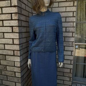 St. John Blue Knit Zip-Front Bodysuit Top